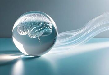 A translucent human brain encased within a clear glass sphere, with ethereal light streams flowing behind it, symbolizing thought and consciousness.