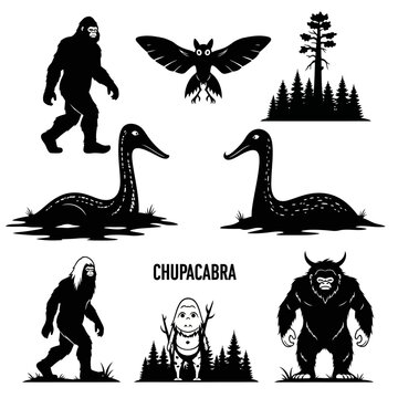 Cryptids and mythical creatures silhouettes: Bigfoot, Mothman, Loch Ness Monster, Chupacabra.