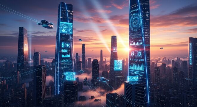 Futuristic neon cityscape with AI-lit skyscrapers, holographic billboards, and glowing data streams—urban tech utopia