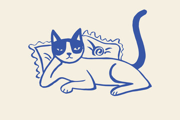 Cat on pillows, naive sketch vector illustration