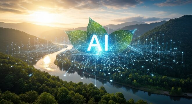 AI driven sustainable innovation, blending natural landscapes with digital ecosystems to create harmony between technology environmental intelligence and future green solutions