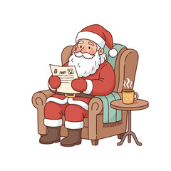 Santa Claus reading letters with hot cocoa in cozy armchair illustration