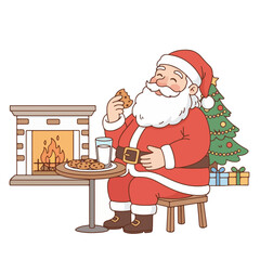 Jolly Santa Claus enjoying cookies and milk by the cozy Christmas fireplace