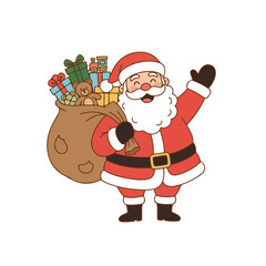 Cheerful Santa Claus waving with a sack full of toys and presents