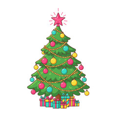 Festive Christmas tree with gifts for holiday greeting cards and invitations