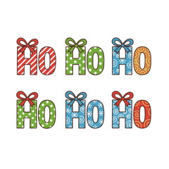 Festive ho ho ho greetings in bright cheerful holiday colors and fun patterns