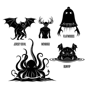 Cryptids: Jersey Devil, Wendigo, Flatwoods Monster, Bunyip, and Octopus.