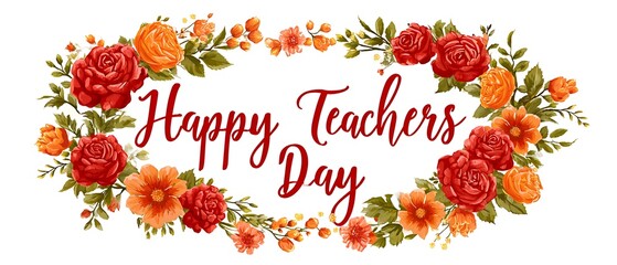 Floral wreath Happy Teachers Day red roses orange blossoms text center white
