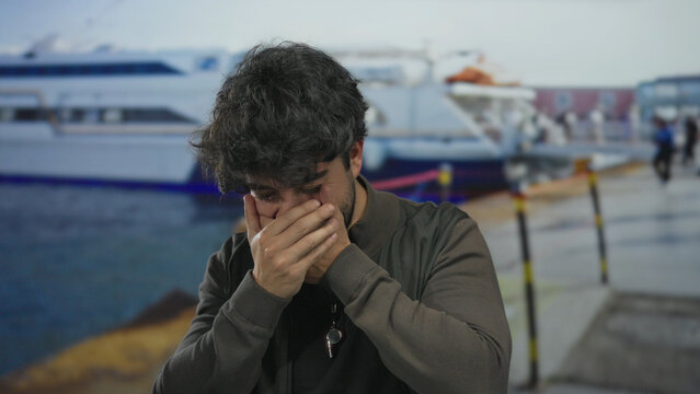 Young bearded man laughing at a port with ships and boats in the background.