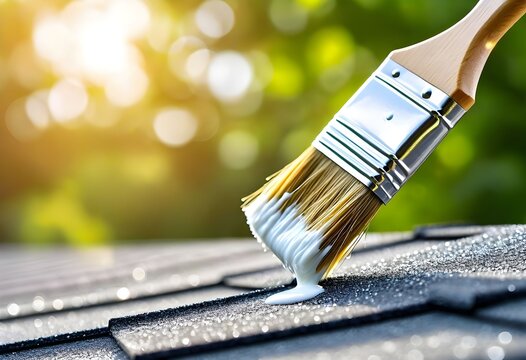 Close-up of a paintbrush applying a thick white waterproof coating to grey asphalt roof shingles outdoors.