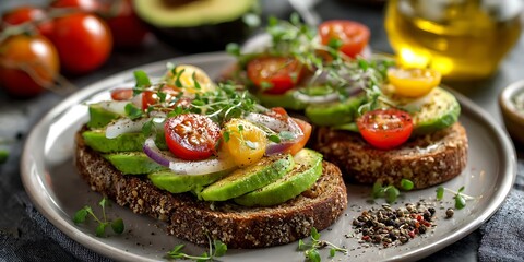 Delicious healthy open-faced whole grain sandwiches toppings white plate spices scattered
