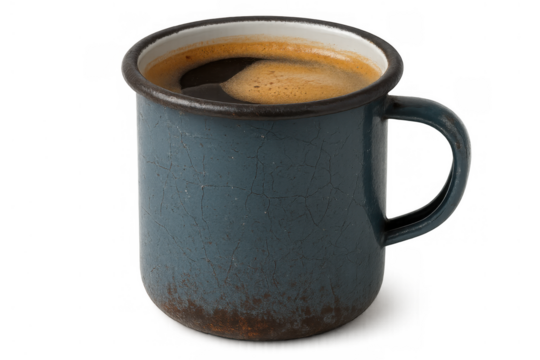 Enamel mug filled with hot coffee, rich brown crema, rustic vintage style for camping, transparent background - Powered by Adobe