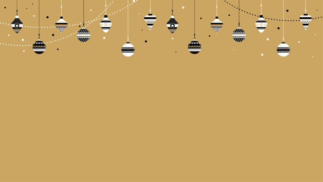 Guirlande de boules de No&euml;l graphiques noires et blanches sur fond dor&eacute; - F&ecirc;tes de fin d'ann&eacute;e - Arri&egrave;re-plan festif pour les c&eacute;l&eacute;brations