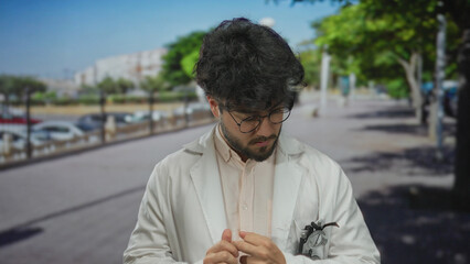 Young hispanic man in a lab coat stands outdoors on a sunny street looking pensively at an eyepiece...