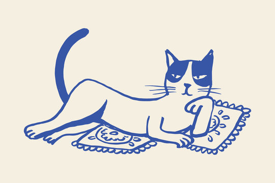 Cat on pillows, naive sketch vector illustration