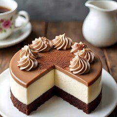 A luxurious Dalgona coffee mousse cake with white chocolate mousse presented on a round white plate