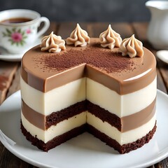 A luxurious Dalgona coffee mousse cake with white chocolate mousse presented on a round white plate