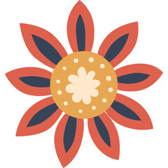 Boho Style Hand Drawn Flower Floral Element With Abstract Petals In Warm Earthy Tones Of Terracotta Blue And Mustard Yellow