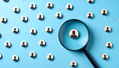 Magnifying glass highlighting one user icon among many on blue background.