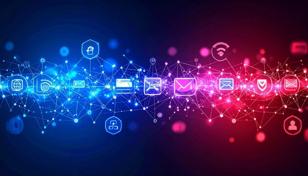 Digital network of tech icons connected across blue-red gradient.