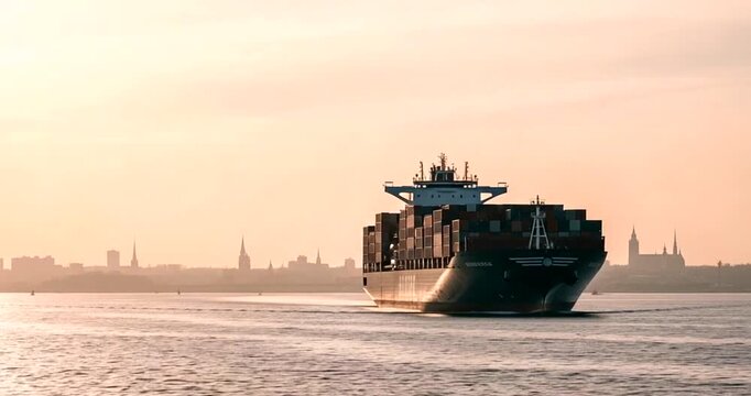 Large cargo ship sailing on the sea during sunset with city skyline
