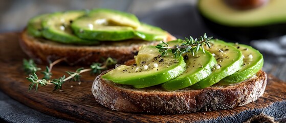Healthy open-faced artisan bread slices with smashed avocado herbs wooden serving plate
