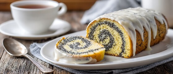 Fresh poppy seed roll cake sliced and iced served with whole loaf on plate spoon tea cup
