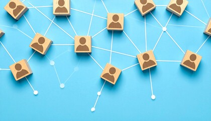 Wooden person icons connected by white lines on blue background.