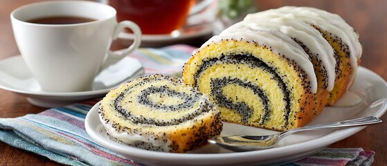 Stacked iced poppy seed cake slices alongside complete roll white dish teacup and spoon closeup
