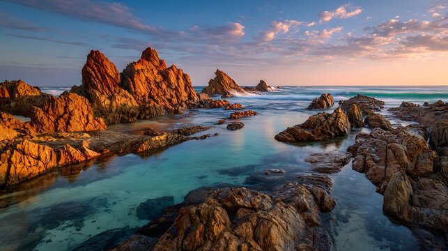 Cathedral Rocks, Australia, Turquoise Water Golden Sunset Light at Kiama Coastline