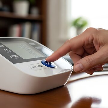 Pressing Start on a Blood Pressure Monitor at Home