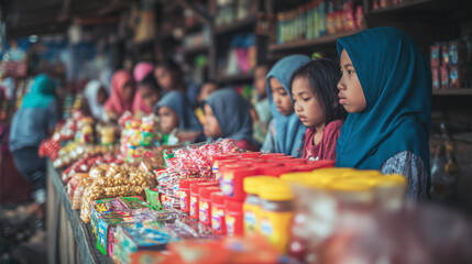 Group of Indonesian children choosing colorful sweets at market stall, expressing joy, curiosity and friendship, happy childhood and local culture concept