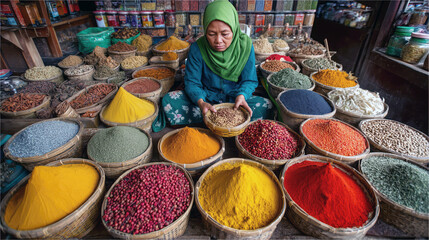 Indonesian woman selling colorful spices at traditional market, surrounded by vibrant powders, symbolizing culture, craft and heritage concept