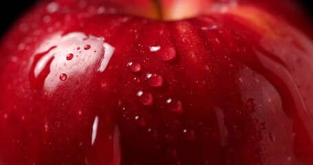 Water Drops on Red Apple, a very close macro view of the skin of a dark red, perfectly polished apple. Small, clear drops of water roll slowly down its surface.
4k video - Powered by Adobe