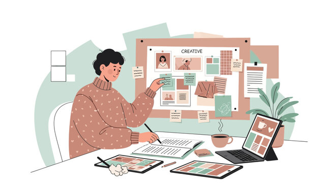 Creative Workplace: Brainstorming Session With Digital Devices and Coffee For Productivity