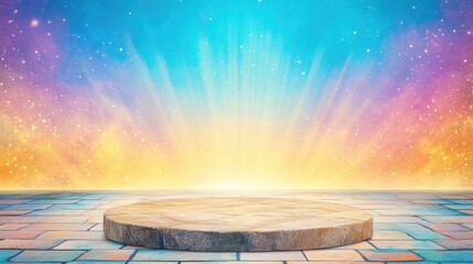 Abstract fantasy stage with glowing spotlight. Radiant platform and magical pedestal in cosmic background. Vibrant, surreal, art template, colorful, mystical, inspiration, empty, presentation,
