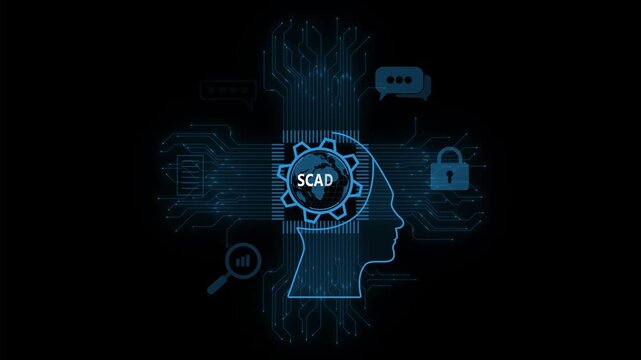 SCADA, New business technology concept. Artificial intelligence concept with a human head silhouette, gears, and a network of business and technology icons. 4k video