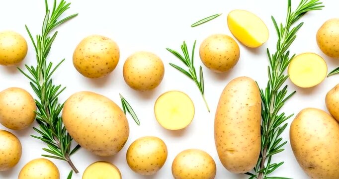 Fresh potatoes with rosemary sprigs on a white background