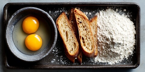 Top down dark tray setup bowl flour fresh egg three toast slices simple meal ingredients
