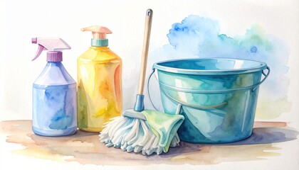 Watercolor painting Still life of neatly arranged minimalist cleaning tools including a bucket, mop, spray bottle, and rags