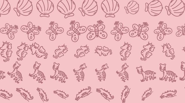 Whimsical Pink Seamless Pattern with Hand-Drawn Nature Doodles: Seashells, Butterflies, Seahorses, Cats & Lizards