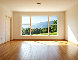 Obraz premium Bright, empty room features a large window with a view of green mountains and sky