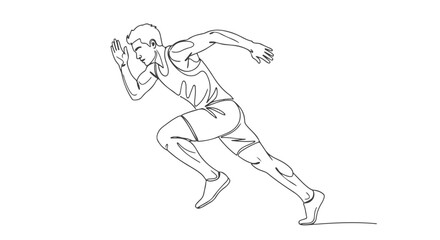Dynamic one continuous line drawing of an athlete in a powerful sprint starting position, illustrating speed, agility, and athletic determination
