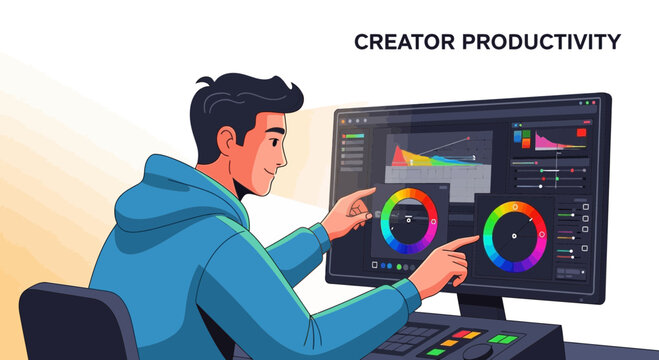Digital Artist At Work On A Computer Adjusting Color Wheels And Creating Content