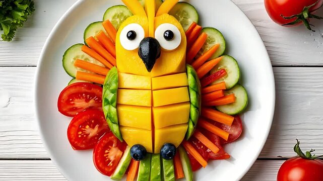 A colorful fruit arrangement shaped like a parrot. The design includes mango, cucumber, carrot, and tomato on a white plate against a wooden background.
