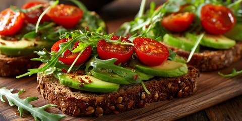 Whole grain toast avocado tomatoes arugula wooden surface sliced loaf butter close shot
