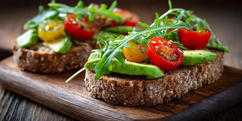 Whole grain bread slices avocado cherry tomatoes arugula wooden table fresh loaf butter board
