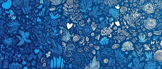Vibrant blue background dense white handdrawn doodles scribbles intricate pattern abstract
