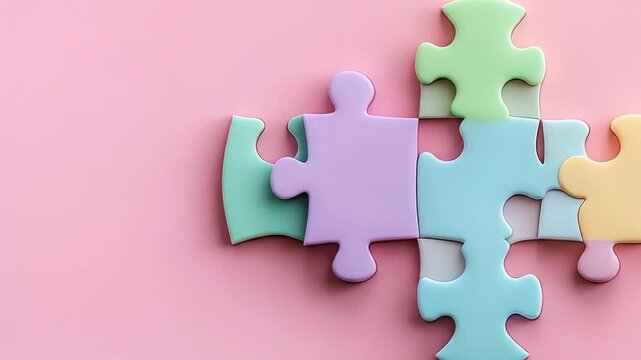 Pastel-colored puzzle pieces interlock on a soft pink background