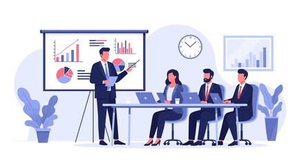 Businessman presenting data analysis with charts and graphs to colleagues in a corporate meeting.